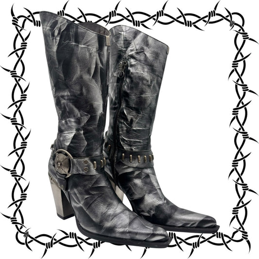 Vintage New arock pointy grey camo leather mid-calf boots